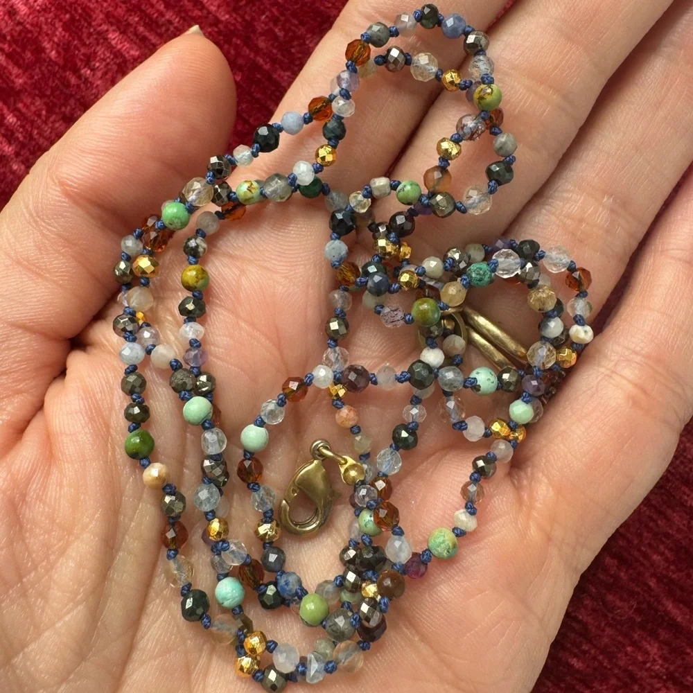 Extra long hand made hand knotted mixed gemstone necklace double layer wrap - Picture 11 of 13